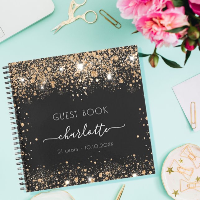 Guest book birthday black gold glitter name script (Creator Uploaded)