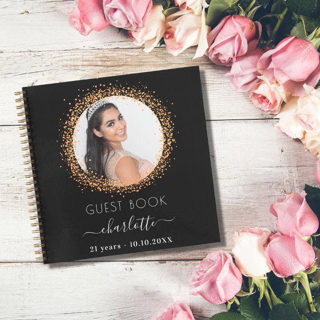 Guest book birthday black gold glitter photo (Creator Uploaded)