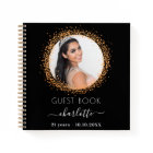 Guest book birthday black gold glitter photo