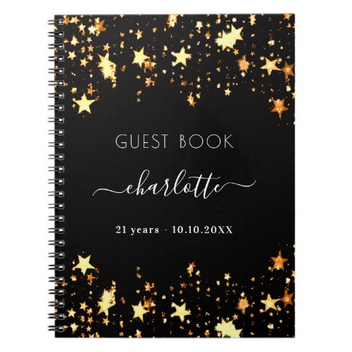 Guest book birthday black gold stars name