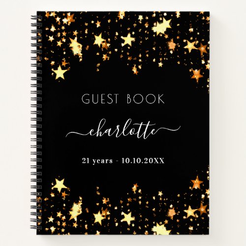 Guest book birthday black gold stars name