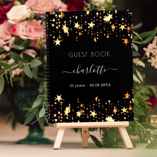 Guest book birthday black gold stars name (Creator Uploaded)