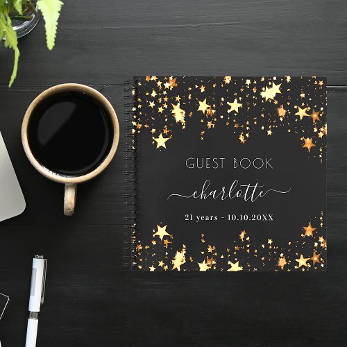 Guest book birthday black gold stars name