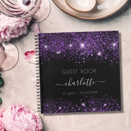 Guest book birthday black purple glitter