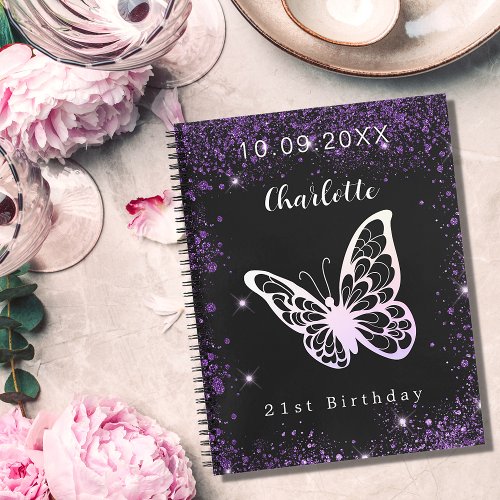 Guest book birthday black purple glitter butterfly