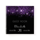 Guest book birthday black purple glitter monogram
