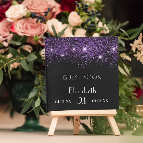 Guest book birthday black purple glitter monogram