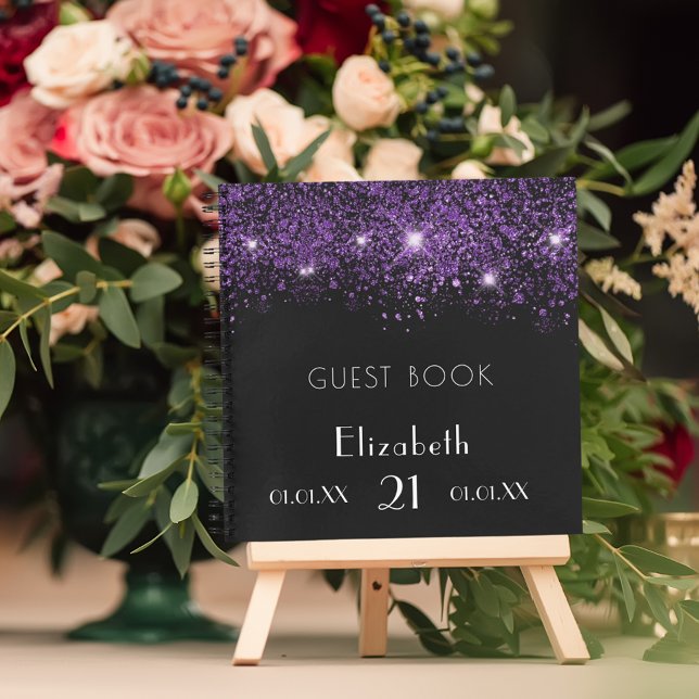 Guest book birthday black purple glitter monogram (Creator Uploaded)