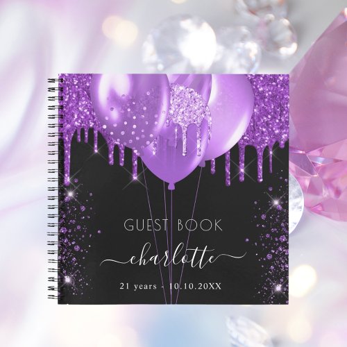 Guest book birthday black purple glitter name