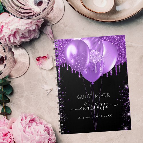 Guest book birthday black purple glitter name