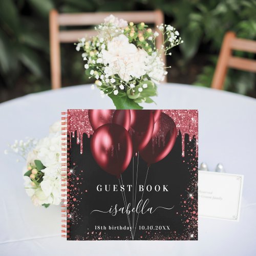 Guest book birthday black red glitter balloons