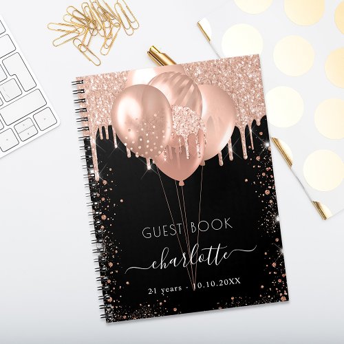 Guest book birthday black rose gold balloons