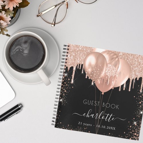 Guest book birthday black rose gold balloons
