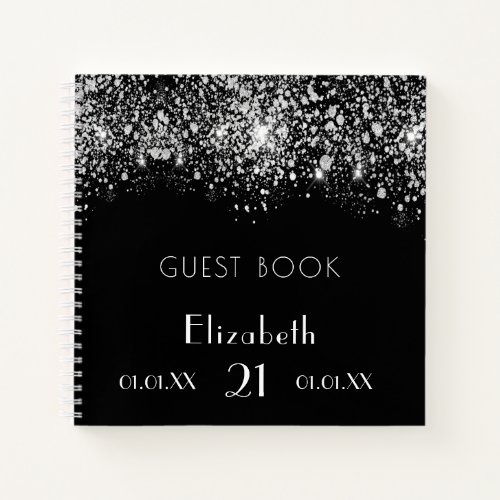 Guest book birthday black silver glitter monogram