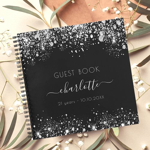 Guest book birthday black silver glitter monogram