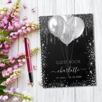 Guest book birthday black silver glitter name