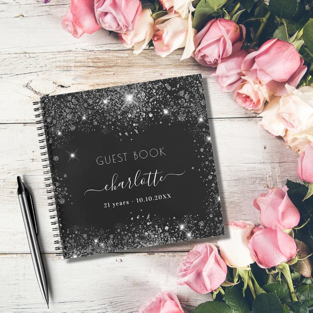 Guest book birthday black silver glitter name (Creator Uploaded)