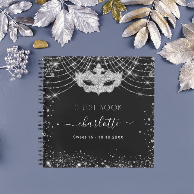 Guest book birthday black silver masquerade party (Creator Uploaded)
