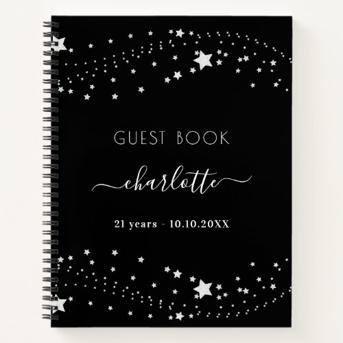 Guest book birthday black silver stars name