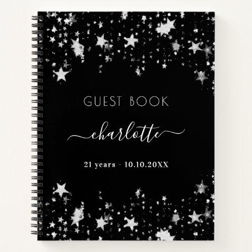 Guest book birthday black silver stars name