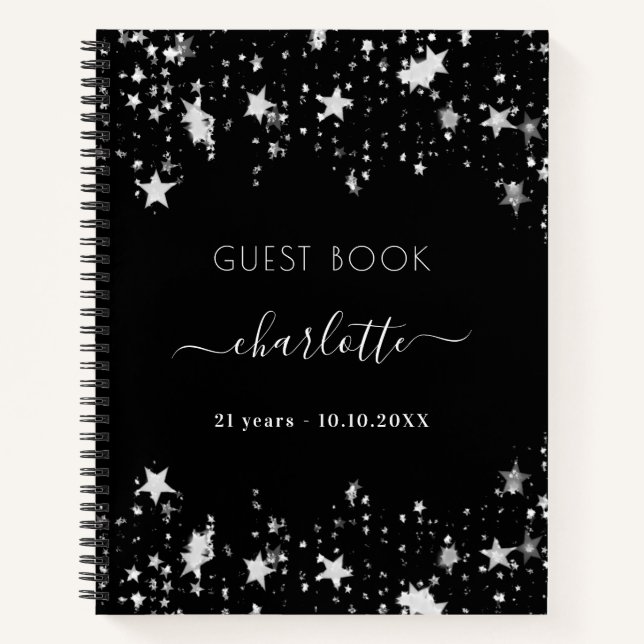 Guest book birthday black silver stars name (Front)