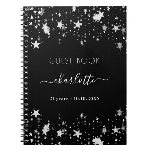 Guest book birthday black silver stars name