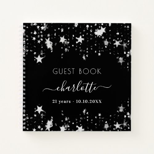Guest book birthday black silver stars name
