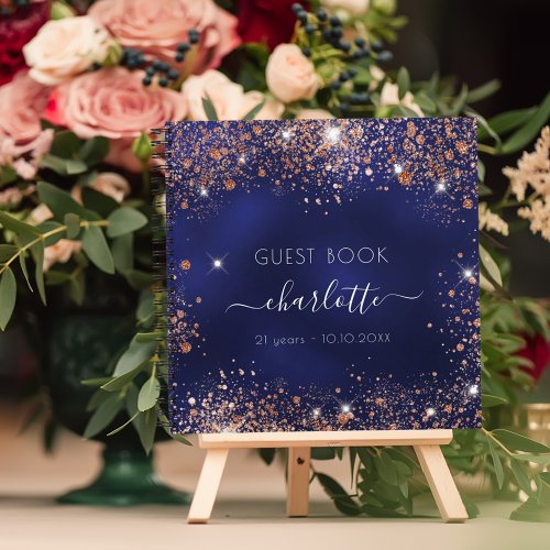Guest book birthday blue rose gold glitter name