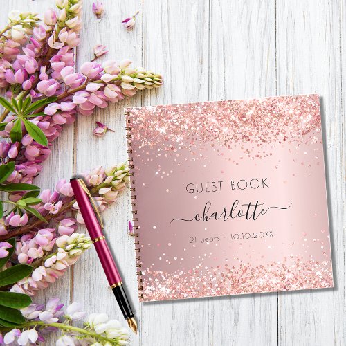 Guest book birthday blush pink glitter monogram