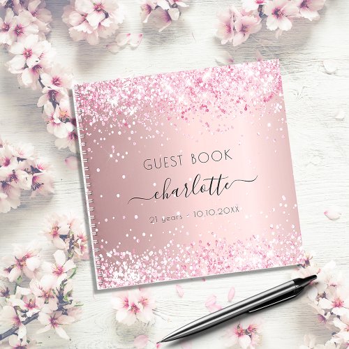 Guest book birthday blush pink glitter name