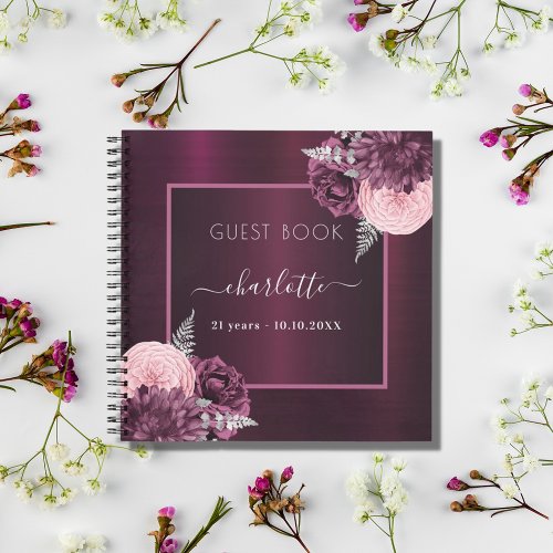 Guest book birthday burgundy pink florals