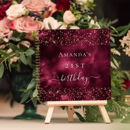 Guest book birthday burgundy rose gold glitter