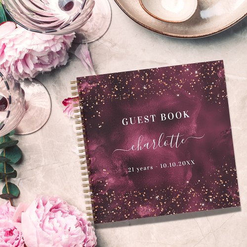 Guest book birthday burgundy rose gold glitter