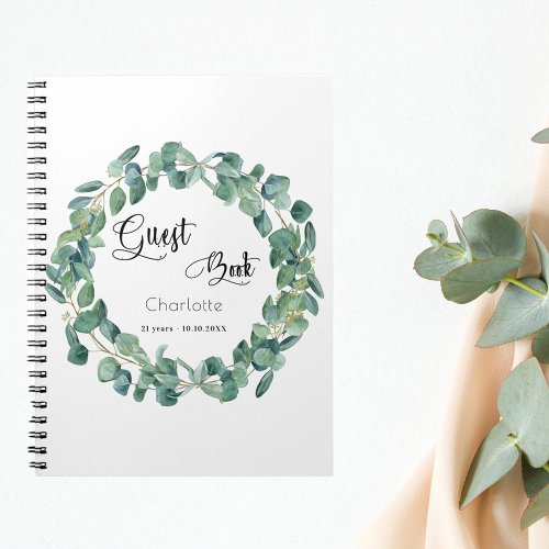 Guest book birthday eucalyptus greenery script