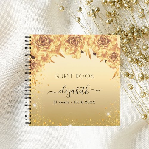 Guest book birthday gold roses florals glitter