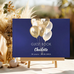 Guest book birthday navy blue gold balloons
