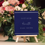 Guest book birthday navy blue minimalist<br><div class="desc">A classic navy blue background,  a faux silver looking frame.  Personalize and a name and age/date. White text.</div>