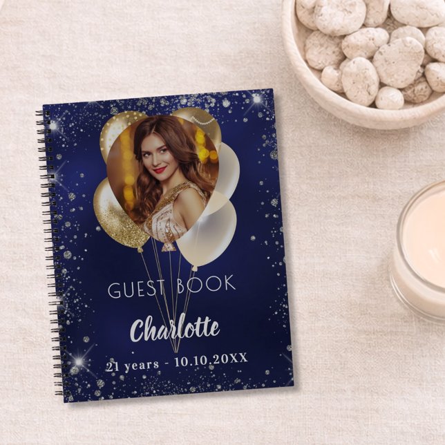 Guest book birthday navy blue photo gold balloons (Creator Uploaded)