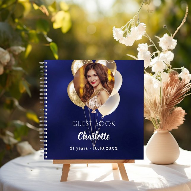 Guest book birthday navy blue photo gold balloons (Creator Uploaded)