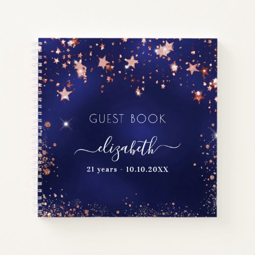 Guest book birthday navy blue rose gold stars name