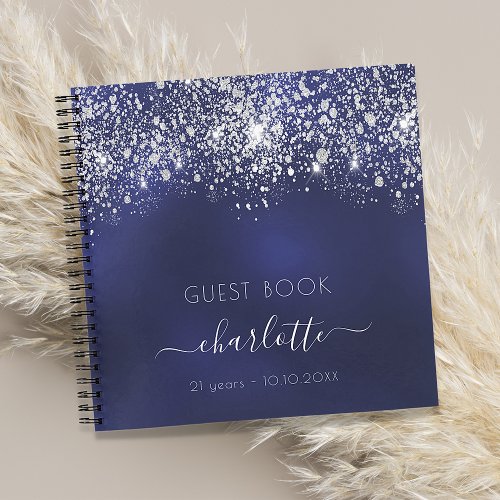 Guest book birthday navy blue silver glitter