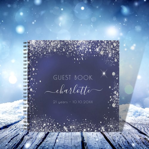 Guest book birthday navy blue silver glitter