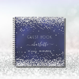Guest book birthday navy blue silver glitter