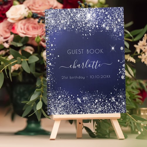 Guest book birthday navy blue silver glitter