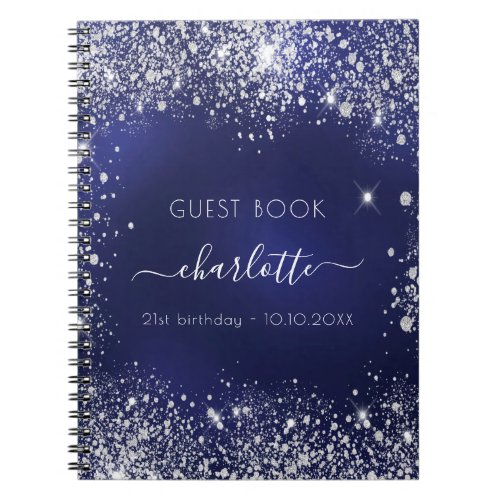 Guest book birthday navy blue silver glitter