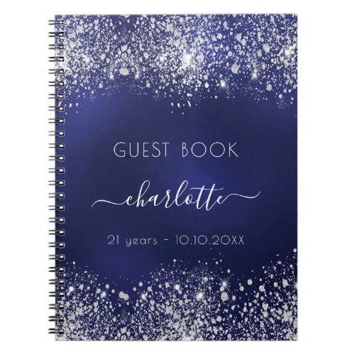 Guest book birthday navy blue silver glitter