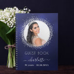 Guest book birthday navy blue silver glitter photo<br><div class="desc">A guestbook for a feminine and glamorous 21st (or any age) birthday party.  A stylish navy blue background with faux silver glitter sparkles round the photo. The blue color is uneven. Add your name,  age 21,  date and a photo.</div>