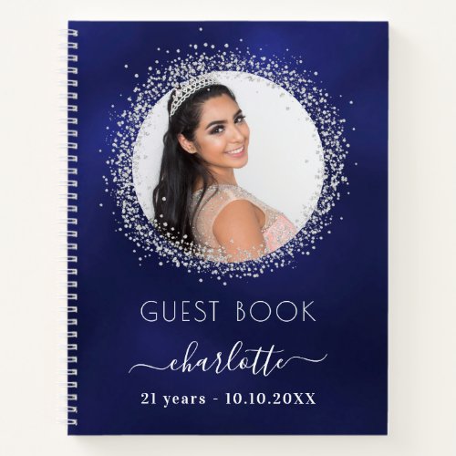 Guest book birthday navy blue silver glitter photo