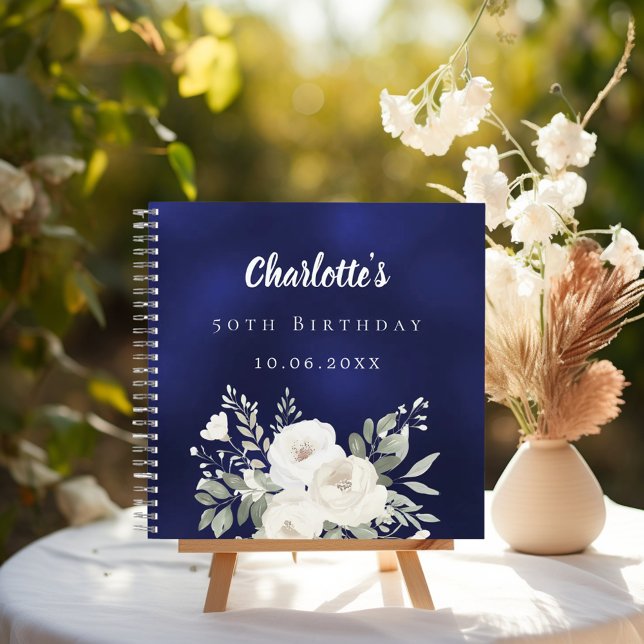 Guest book birthday navy blue white florals (Creator Uploaded)