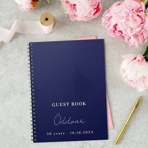 Guest book birthday navy blue white name simple